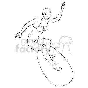 The clipart image depicts a stylized illustration of a female surfer riding a wave on a surfboard. The figure displays a dynamic surfing pose with one arm extended for balance and her body crouched on the board. The image is monochrome, with no background details indicating wind or specific wave conditions, but the active stance suggests the presence of surfable waves.