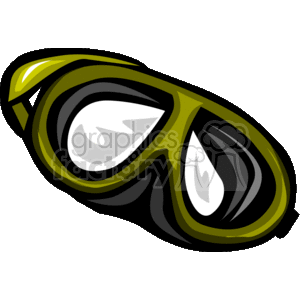 The clipart image depicts a single swimming goggle with a sleek design. The goggle is primarily colored in two shades of green with black outlining, emphasizing the contours and reflective surface of the lens. The goggle is a common accessory used in swimming sports for eye protection and improved vision underwater.