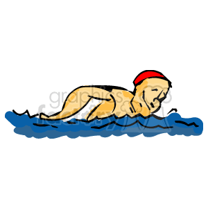 The clipart image depicts a cartoon of a swimmer in the water. The swimmer's action suggests they are engaged in a freestyle stroke, characterized by the overhead arm movement and the positioning of the body on the surface of the water. The swimmer is wearing a swimming cap.