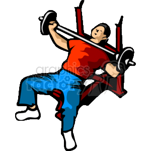 The clipart image depicts a stylized illustration of a bodybuilder performing a bench press exercise. The individual is depicted with visible muscles, lying on a bench and pushing up a barbell with weight plates. The bodybuilder is wearing a red tank top, blue pants, and white sneakers. The background of the image is black.