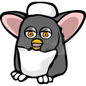 This clipart image depicts a stylized representation of a small, fictional creature reminiscent of the character Gizmo from the Gremlins franchise. The creature has large ears, a white and grey fur pattern, a small button nose, wide orange eyes with yellow pupils, and a white tuft of fur on its head.