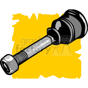 The image features a clipart depiction of a car's shock absorber, which is a part of a vehicle's suspension system. It shows the cylindrical shock absorber body, the rod, and the piston, with a yellow and black abstract background behind it.