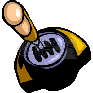 This clipart image depicts a stylized manual transmission shifter, also known as a gear stick or gearshift. It shows the shifter in a vertical position with a wooden knob on top, inserted into a gear shift pattern that appears to be a five-speed layout, with a reverse gear indicated. The background includes the silhouette of the shifter base and possibly the console area around it, accented with yellow highlights.