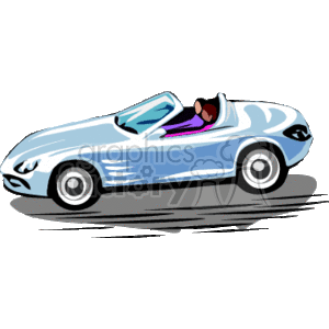 The clipart image depicts a light blue convertible sports car. The car has sleek lines and a classic design, with a windshield and visible side mirrors. Inside the vehicle, there appears to be someone wearing a hat, suggesting a person driving the car. The wheels are distinct and the car sits slightly above the ground indicating motion. The image appears to depict the concept of freedom or leisure associated with driving a convertible.