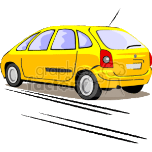 The clipart image depicts a yellow, four-door hatchback-style car. The car is shown from a three-quarter rear perspective, emphasizing the tail lights and the back passenger side. It's a stylized representation commonly used in graphic design, with bold outlines and simplified details to convey the idea of a compact car.