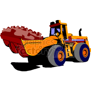 The clipart image features a front-end loader, which is a type of heavy construction equipment or tractor. It's depicted with a large bucket filled with dirt, indicating it's in the process of moving or loading materials.