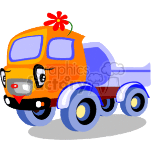 The image depicts a stylized, animated version of a construction dump truck. The truck is colored primarily orange with blue accents on the dumping bed, and wheels. It has a happy face with eyes on the windshield and a smiling grille, along with some red detailing that looks like a bow on top, giving it a cheerful, cartoonish appearance.