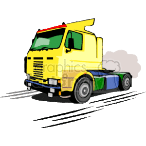 The clipart image depicts a colorful semi-truck without a trailer. The truck is illustrated in motion, as indicated by the lines trailing behind its wheels and the puff of exhaust from the back. The semi-truck is predominantly yellow, with elements of red and blue, and has a high cab characteristic of a commercial freight vehicle used for long-haul transportation.