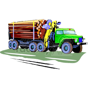 The clipart image depicts a logging truck with a heavy-duty crane attached, used for transporting logs. The truck is shown carrying a load of cut logs secured in the back, and it appears to be equipped with six wheels, indicating that it may be designed for heavy loads and rough terrain that are typical in logging operations.