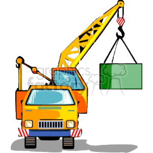 The clipart image depicts a yellow construction crane truck with a sizeable telescopic boom crane. The crane's extendable arm is hoisted, and it's carrying a green rectangular object, presumably representing a heavy load typically transported at construction sites.