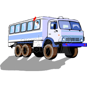 The clipart image depicts a heavy-duty transportation or construction truck commonly used for carrying passengers or workers to and from construction sites or navigating challenging terrains. This vehicle is characterized by its sturdy build, multiple axles, and large wheels to handle uneven surfaces. The design suggests that it is meant for utility and function over comfort, often found in industrial or construction settings.
