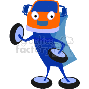 The image depicts an anthropomorphic cartoon figure. It is designed to resemble a piece of heavy equipment or construction machinery, possibly a truck, but with human-like characteristics. The figure has a bright orange head that resembles a truck cab, with what appear to be headlights for eyes and side mirrors as ears. It has a blue body and limbs that simulate the chassis and structure of a vehicle, with round feet similar to tires. It's standing upright.