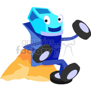 This clipart image shows a stylized, animated dump truck with a face, giving it a personified appearance. The truck is blue with a smiling face, and it appears to be sitting down resting on a pile of construction material (illustrated as an orange and yellow heap)