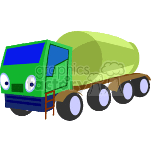 The clipart image features a colorful cartoon of a concrete mixer truck. The truck is depicted with a rotating drum tanker attached to the rear for mixing and transporting concrete. It has six wheels and is primarily green with a blue cabin and a yellowish mixer drum.