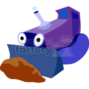 The clipart image depicts a stylized cartoon of a purple bulldozer with a blue blade in front, lifting a pile of brown dirt. It features eyes, giving it a personified character-like appearance.