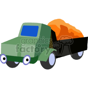 The image features a simplified representation of a green dump truck commonly used in construction. The bed of the truck is tilted, indicating that it is dumping its load, which appears to be a pile of orange material, likely representing sand, gravel, or soil.