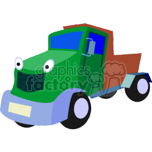 The clipart image depicts a stylized, cartoon-like dump truck. The truck is primarily green with a blue cabin, and has anthropomorphic features, including a pair of eyes on the windshield and a smiling expression, giving it a friendly and animated appearance. It appears to be a representation of heavy equipment commonly used for construction and transportation tasks, especially related to hauling materials like dirt, rocks, and gravel over land.