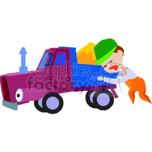 The image shows a colorful clipart illustration predominantly featuring a purple dump truck with an open box bed filled with what appears to be yellow and green material, possibly representing sand or gravel. The dump bed has an upward pointing arrow indicating that it can be lifted to unload the material. Alongside the truck, there is a stylized cartoon figure of a person with orange and green clothing pushing against the truck, appearing to be engaging in some form of physical exertion or playfully interacting with the vehicle.
