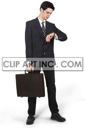 The photo depicts a male businessman in a suit, holding a briefcase and looking at his watch, likely indicating that he is on his way to a meeting or appointment. The image suggests ambition and professionalism, as well as the fast-paced nature of corporate life.
