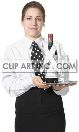 A Woman in Waitress Uniform Holding a Tray with a Bottle and Glasses