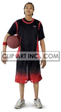 The clipart image shows a male basketball player with a ball under his right arm. He is dress in a black and red uniform