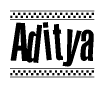 The image contains the text Aditya in a bold, stylized font, with a checkered flag pattern bordering the top and bottom of the text.