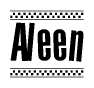 The image contains the text Aleen in a bold, stylized font, with a checkered flag pattern bordering the top and bottom of the text.
