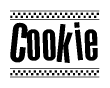 The image is a black and white clipart of the text Cookie in a bold, italicized font. The text is bordered by a dotted line on the top and bottom, and there are checkered flags positioned at both ends of the text, usually associated with racing or finishing lines.