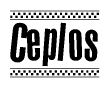The clipart image displays the text Ceplos in a bold, stylized font. It is enclosed in a rectangular border with a checkerboard pattern running below and above the text, similar to a finish line in racing. 