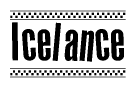 The image is a black and white clipart of the text Icelance in a bold, italicized font. The text is bordered by a dotted line on the top and bottom, and there are checkered flags positioned at both ends of the text, usually associated with racing or finishing lines.
