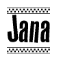 The image contains the text Jana in a bold, stylized font, with a checkered flag pattern bordering the top and bottom of the text.