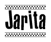 The image is a black and white clipart of the text Jarita in a bold, italicized font. The text is bordered by a dotted line on the top and bottom, and there are checkered flags positioned at both ends of the text, usually associated with racing or finishing lines.