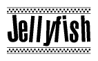 The image contains the text Jellyfish in a bold, stylized font, with a checkered flag pattern bordering the top and bottom of the text.