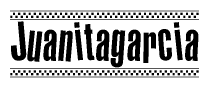 The image is a black and white clipart of the text Juanitagarcia in a bold, italicized font. The text is bordered by a dotted line on the top and bottom, and there are checkered flags positioned at both ends of the text, usually associated with racing or finishing lines.