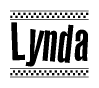 The image is a black and white clipart of the text Lynda in a bold, italicized font. The text is bordered by a dotted line on the top and bottom, and there are checkered flags positioned at both ends of the text, usually associated with racing or finishing lines.
