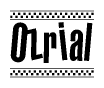 The image is a black and white clipart of the text Ozrial in a bold, italicized font. The text is bordered by a dotted line on the top and bottom, and there are checkered flags positioned at both ends of the text, usually associated with racing or finishing lines.
