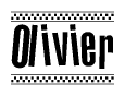 The image is a black and white clipart of the text Olivier in a bold, italicized font. The text is bordered by a dotted line on the top and bottom, and there are checkered flags positioned at both ends of the text, usually associated with racing or finishing lines.