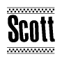 The image contains the text Scott in a bold, stylized font, with a checkered flag pattern bordering the top and bottom of the text.