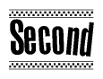 The image is a black and white clipart of the text Second in a bold, italicized font. The text is bordered by a dotted line on the top and bottom, and there are checkered flags positioned at both ends of the text, usually associated with racing or finishing lines.