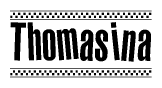 The image contains the text Thomasina in a bold, stylized font, with a checkered flag pattern bordering the top and bottom of the text.