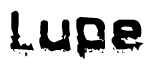 This nametag says Lupe, and has a static looking effect at the bottom of the words. The words are in a stylized font.