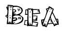 The clipart image shows the name Bea stylized to look as if it has been constructed out of wooden planks or logs. Each letter is designed to resemble pieces of wood.
