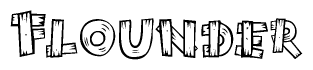 The image contains the name Flounder written in a decorative, stylized font with a hand-drawn appearance. The lines are made up of what appears to be planks of wood, which are nailed together