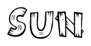 The clipart image shows the name Sun stylized to look as if it has been constructed out of wooden planks or logs. Each letter is designed to resemble pieces of wood.