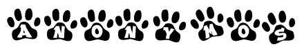 The image shows a row of animal paw prints, each containing a letter. The letters spell out the word Anonymos within the paw prints.