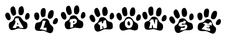 The image shows a series of animal paw prints arranged horizontally. Within each paw print, there's a letter; together they spell Alphonse