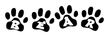 The image shows a row of animal paw prints, each containing a letter. The letters spell out the word Bear within the paw prints.