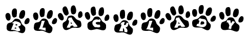 The image shows a row of animal paw prints, each containing a letter. The letters spell out the word Blacklady within the paw prints.