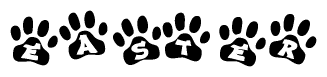 The image shows a series of animal paw prints arranged in a horizontal line. Each paw print contains a letter, and together they spell out the word Easter.