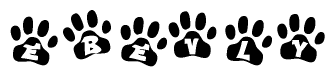 The image shows a row of animal paw prints, each containing a letter. The letters spell out the word Ebevly within the paw prints.
